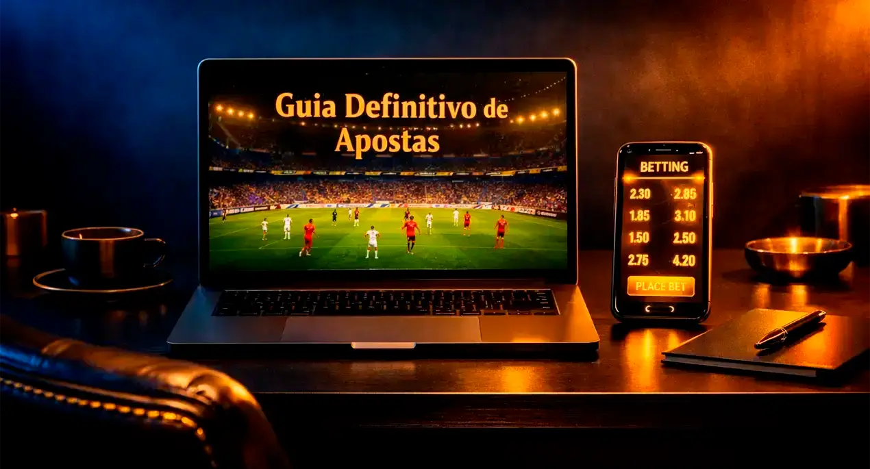 Espaço de trabalho profissional com laptop exibindo partida de futebol ao vivo e smartphone com estatísticas esportivas