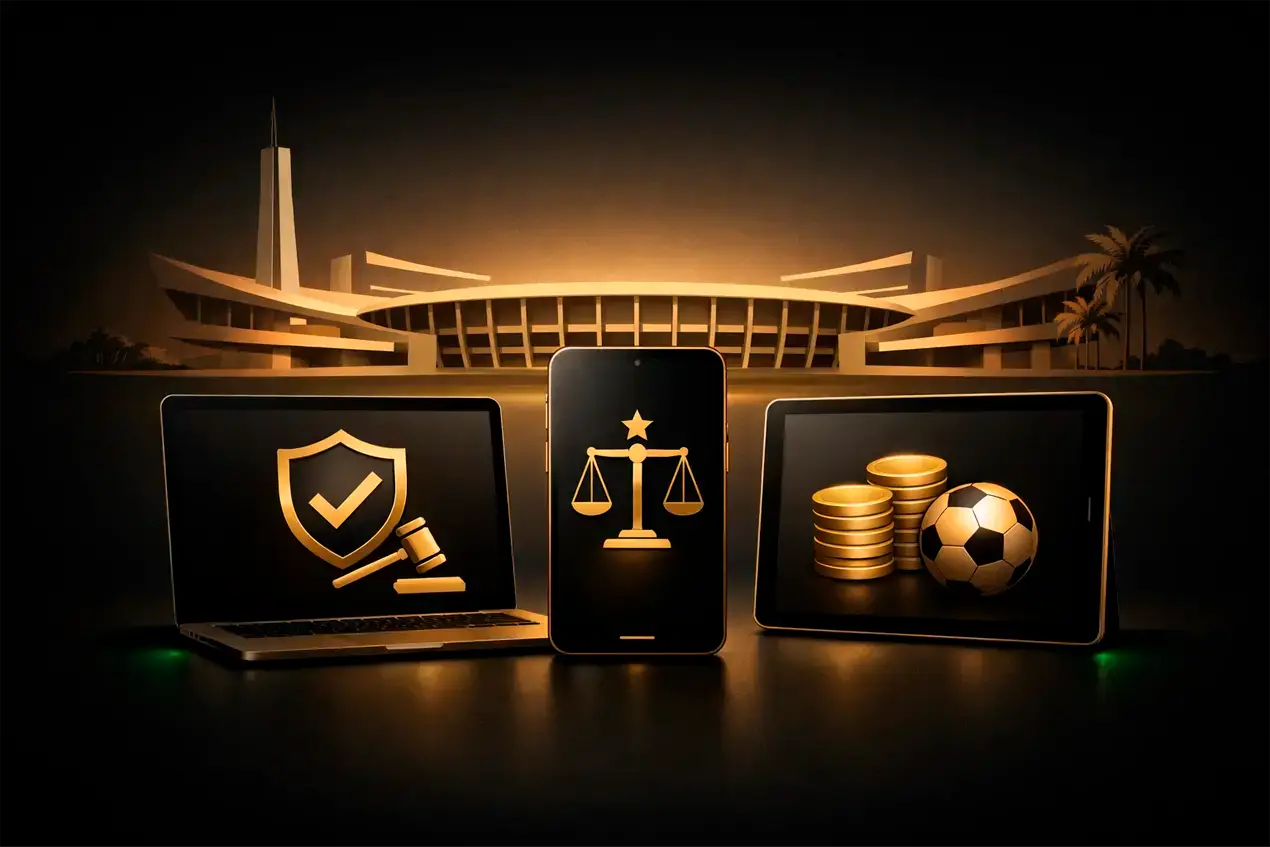 Apostas esportivas legalizadas no Brasil em 2025 - ilustração mostrando estádio de futebol, dispositivos digitais e símbolos de regulamentação