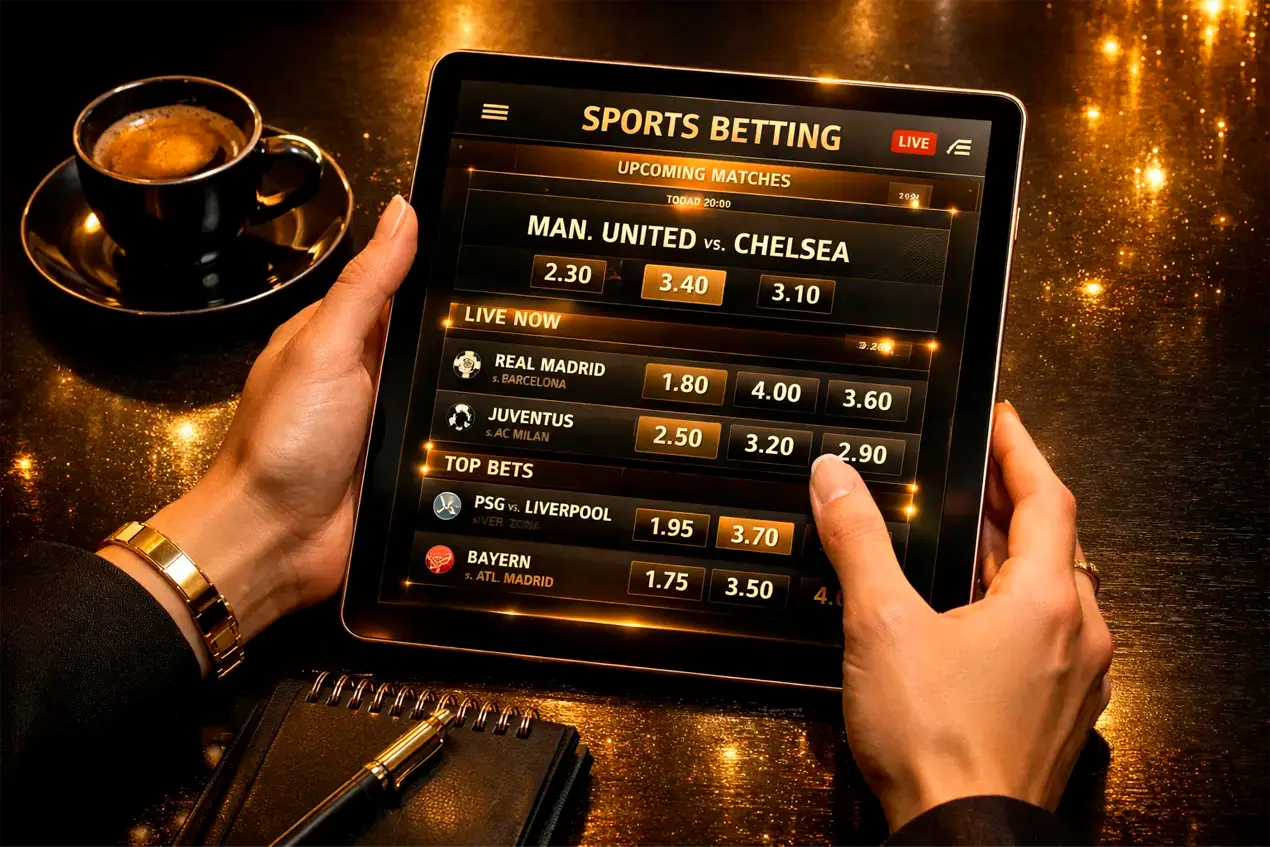 Mãos usando tablet com interface de apostas esportivas mostrando odds de futebol, ao lado de café e caderno