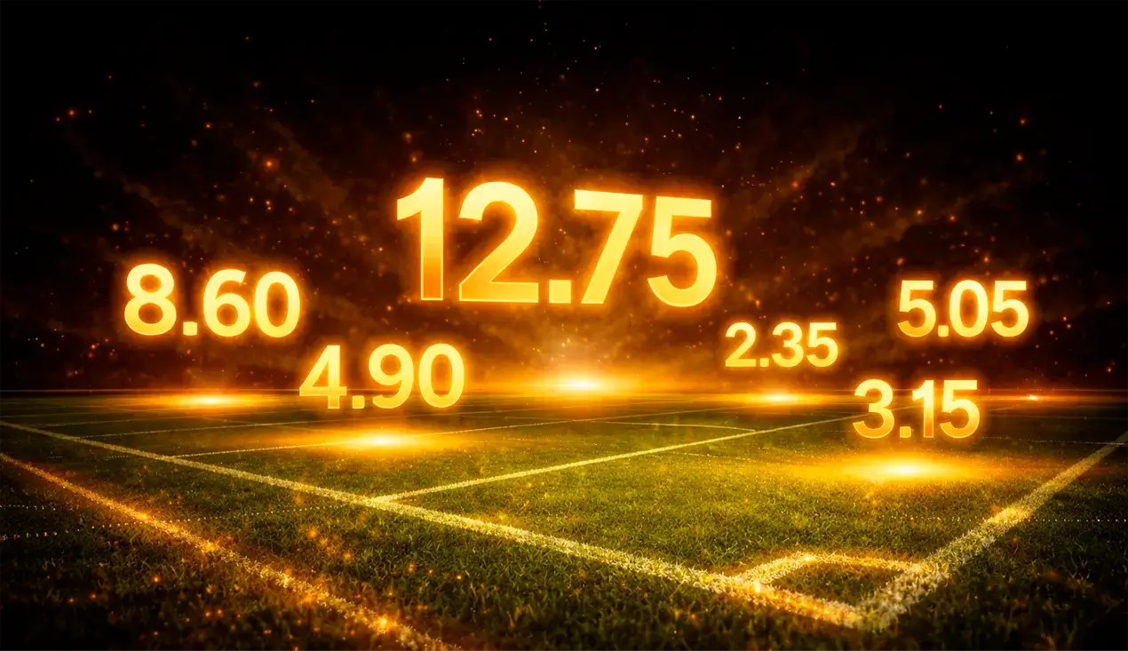 Ilustração conceitual de odds em apostas esportivas com números decimais flutuantes sobre fundo de campo esportivo