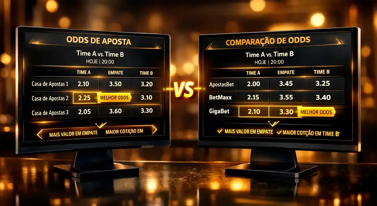 Ilustração de comparação de odds entre diferentes casas de apostas com telas mostrando diferentes cotações e destaque para melhor opção