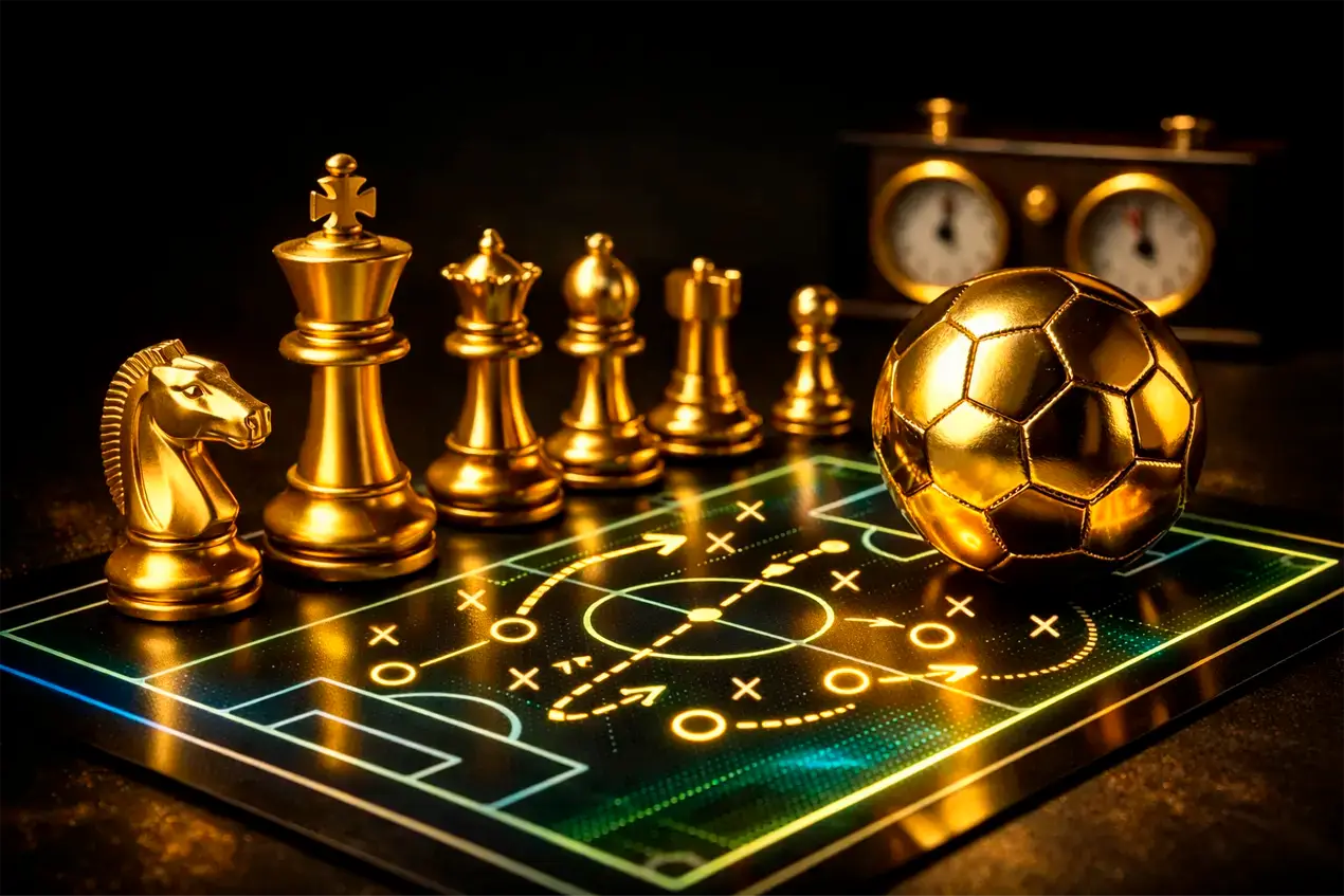 Conceito de estratégia em apostas esportivas mostrando peças de xadrez combinadas com elementos de futebol