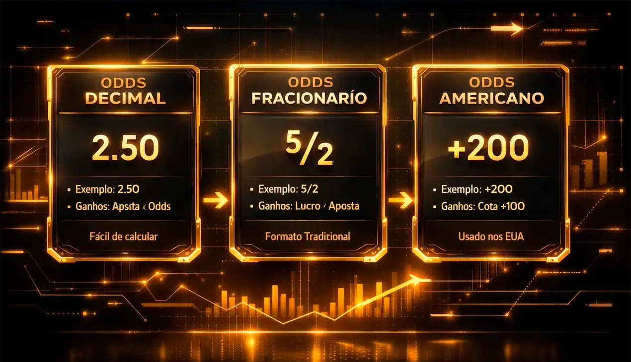 Infográfico comparativo dos três formatos de odds: decimal, fracionário e americano com exemplos visuais