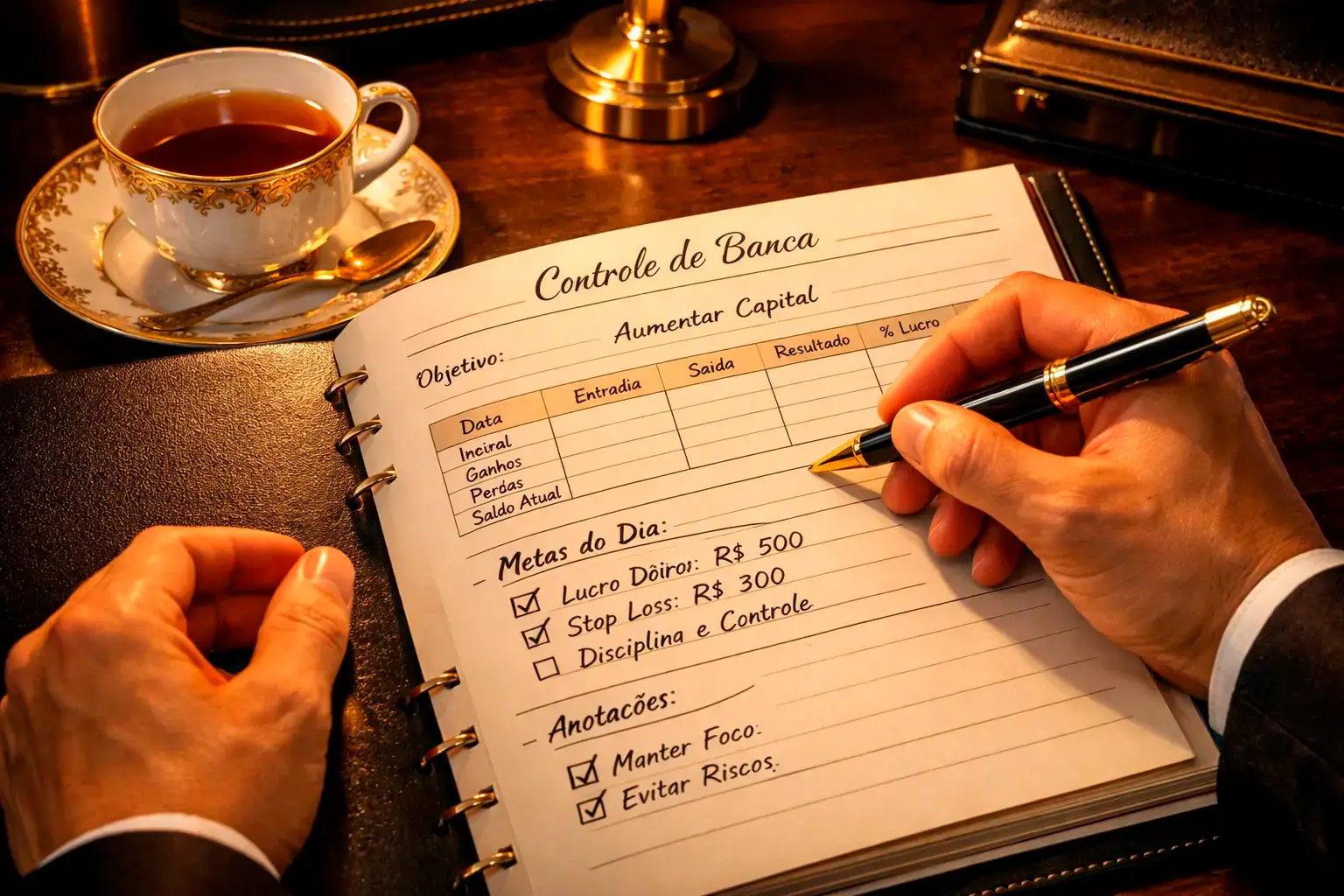 Mãos escrevendo em caderno elegante com anotações de controle financeiro, ao lado de xícara de chá