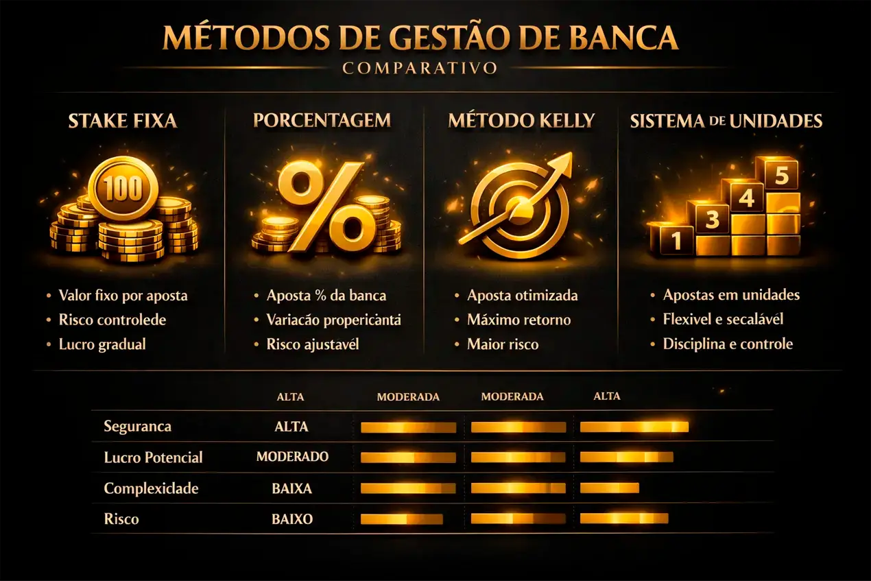 Quatro métodos de gestão de banca - stake fixa, porcentagem da banca, Critério de Kelly e sistema de unidades ilustrados em diagrama