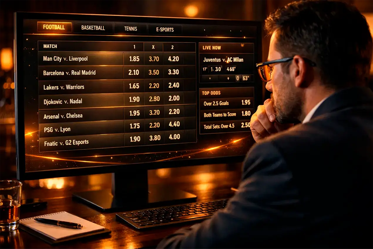 Monitor exibindo interface de odds com cotações decimais para partidas de futebol sendo analisada por profissional