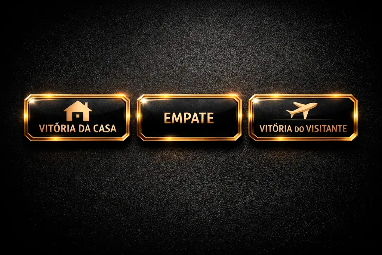 Ilustração do mercado de apostas 1X2 mostrando as três opções: vitória da casa, empate e vitória do visitante