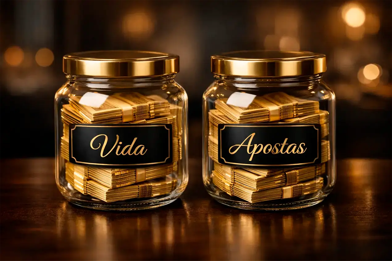 Separação da banca de apostas - dois potes de vidro mostrando dinheiro da vida e dinheiro das apostas separados