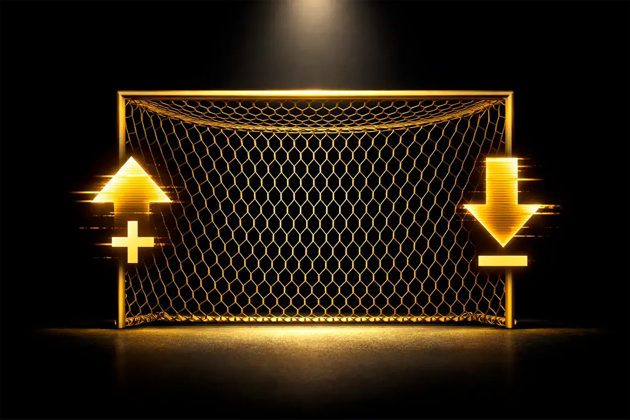 Ilustração do mercado over under mostrando gol de futebol com setas indicando mais ou menos gols